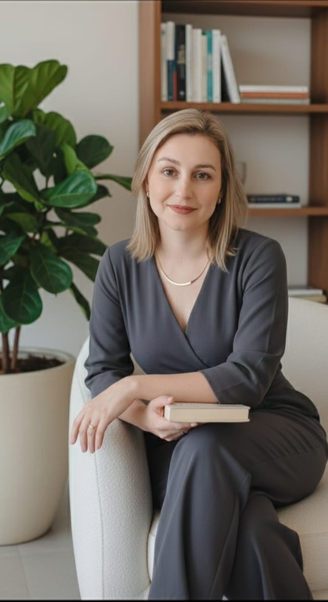 Retrato de Isa Renosti em ambiente acolhedor