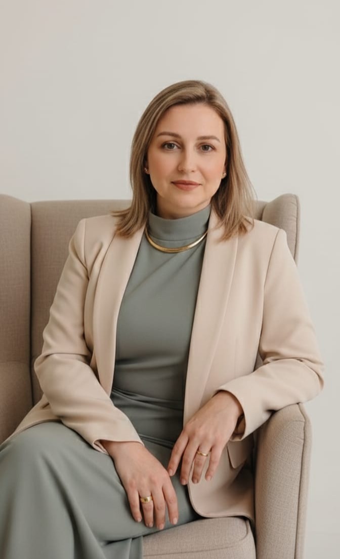 Isa Renosti em ambiente sereno, olhando para a câmera